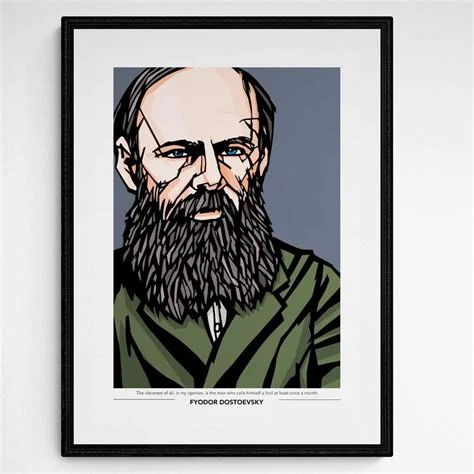 A framed graphic illustration portrait of Fyodor Dostoevsky, depicted with his distinctive full beard and intense gaze in a bold, outlined art style against a grey background, with his name captioned below.