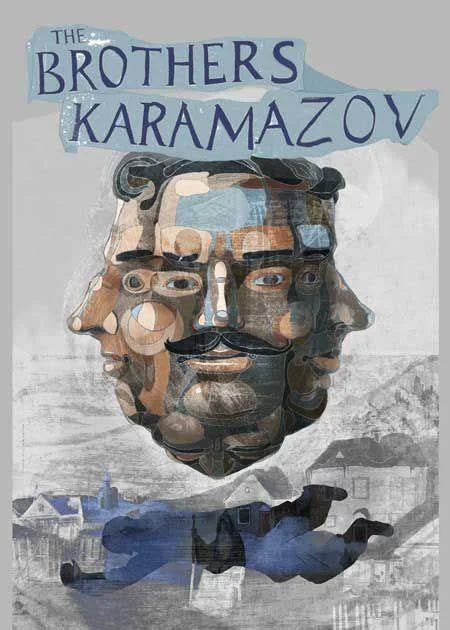 Collage cover: a composite head assembled from overlapping faces above a prone blue figure and a grey town view, with painted title lettering.