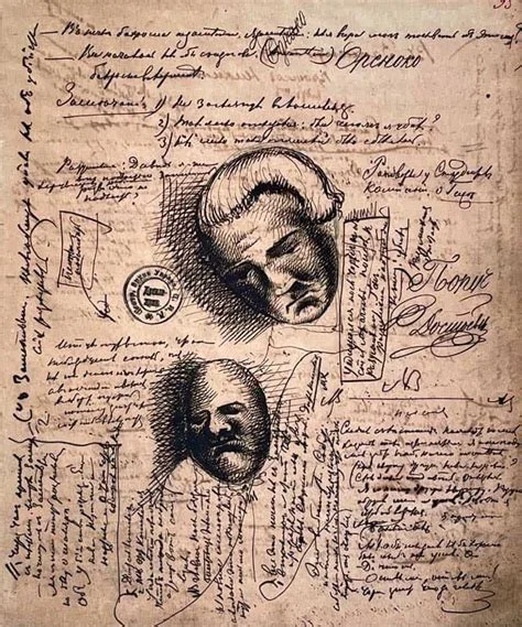 A manuscript page covered in dense Cyrillic handwriting with two detailed pencil sketches of male faces in profile and three-quarter view, bearing stamps and annotations.