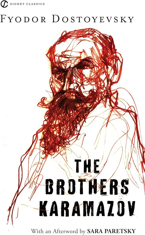 Book cover, Signet Classics edition: red ink-brush portrait of Fyodor Dostoevsky above the title. Depicts: Fyodor Dostoevsky (author portrait).