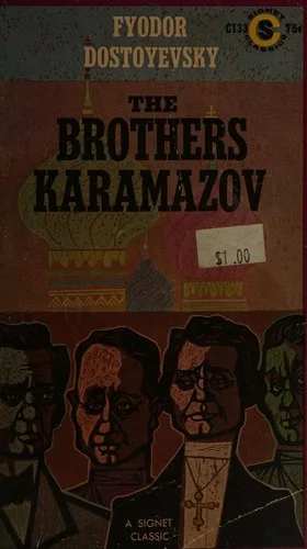 A vintage Signet Classic paperback cover of 'The Brothers Karamazov' featuring stylized illustrated portraits of four brooding male figures against a red background with a Russian Orthodox church with onion domes.