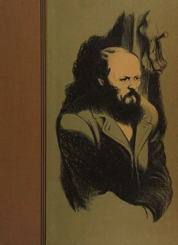 A sketched portrait of a brooding, bearded man with long dark hair rendered in dark ink strokes against a muted brown background, with a shadowy looming presence behind him.