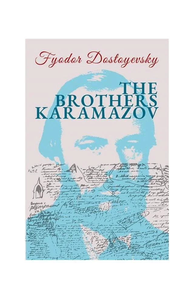 Typographic cover of The Brothers Karamazov: cyan silhouette of a bearded man’s face over a manuscript and engraving background.