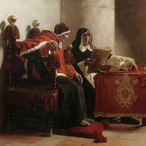 A 19th-century oil painting depicting an elderly cardinal in red robes seated in an ornate high-backed chair while a nun in black habit reads aloud from a document at a table draped in red cloth bearing an ecclesiastical coat of arms.