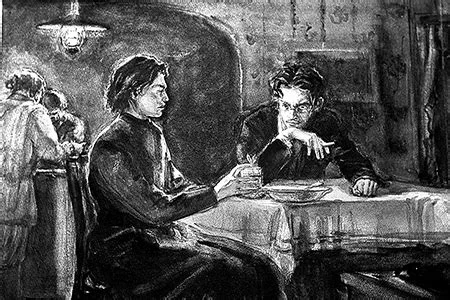 A black and white illustration of two men seated at a table in a dimly lit tavern, one gesturing while the other listens with his chin resting on his hand.