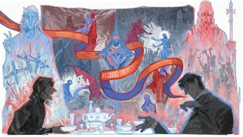 An illustrated scene showing two dark silhouetted figures seated at a table in the foreground while a dramatic allegorical tableau in blue and red fills the background, featuring a central luminous figure, swooping ribbon banners with Cyrillic text, angelic figures on the left, and a surging crowd w