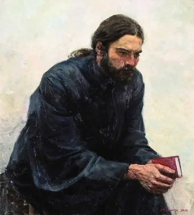 Oil painting: a young novice in a black cassock, long-haired and bearded, seated and holding a small red Gospel book. Depicts: Alyosha (Alexey) Karamazov.