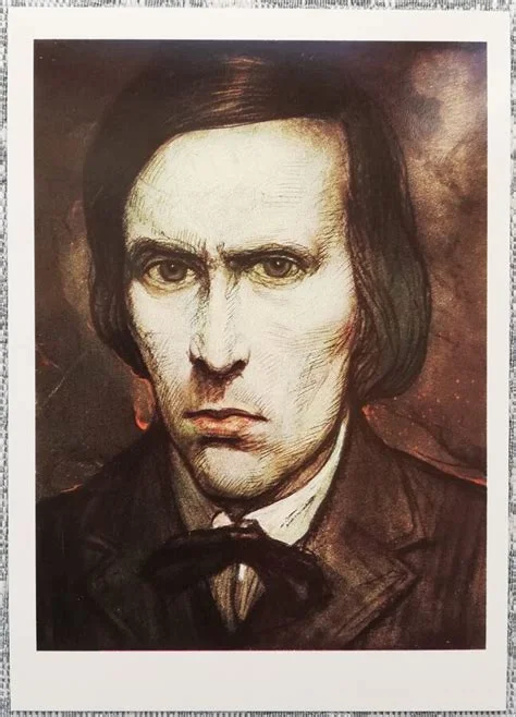 A dramatic painted portrait of a gaunt, intense-eyed man with dark shoulder-length hair and a dark coat, rendered in rich earthy tones with expressive brushwork.