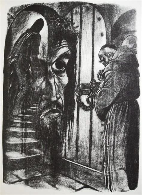 A dark charcoal or ink illustration depicting an enormous brooding bearded face looming behind a wooden door, while a small hunched figure in robes peers cautiously around the door's edge.