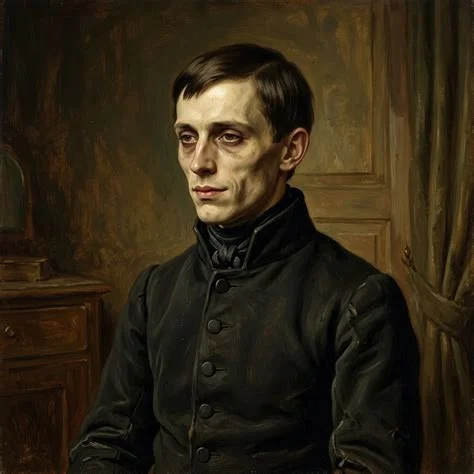 An oil-painting-style portrait of a gaunt young man with dark hair and hollow eyes, dressed in a dark buttoned coat, seated against a dim, shadowy interior background.