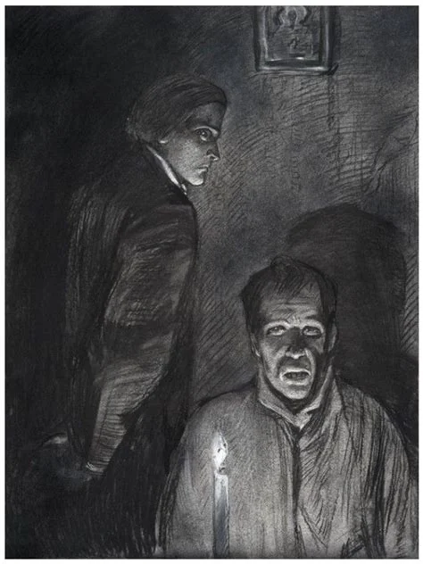 A dramatic charcoal or pencil illustration showing two figures in a darkened room, one standing and one seated or crouching, illuminated by a single candle from below, with a religious icon visible on the wall.
