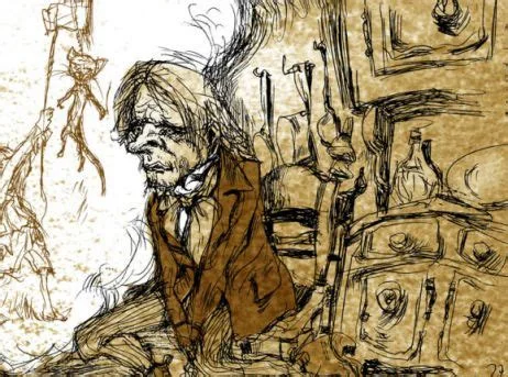A pen-and-ink sketch with sepia wash showing a hunched, disheveled elderly man seated amid cluttered furniture, bottles, and disarray, rendered in an expressive, loose drawing style.