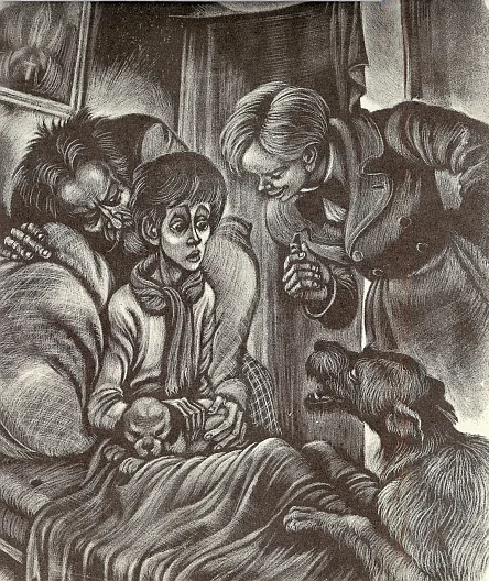 Engraved illustration: Ilyusha in his sickbed with his toy cannon as Zhuchka the dog is brought back to him, his father hunched in grief and a visitor leaning in. Depicts: Ilyusha Snegiryov, Captain Snegiryov, Alyosha (Alexey) Karamazov.