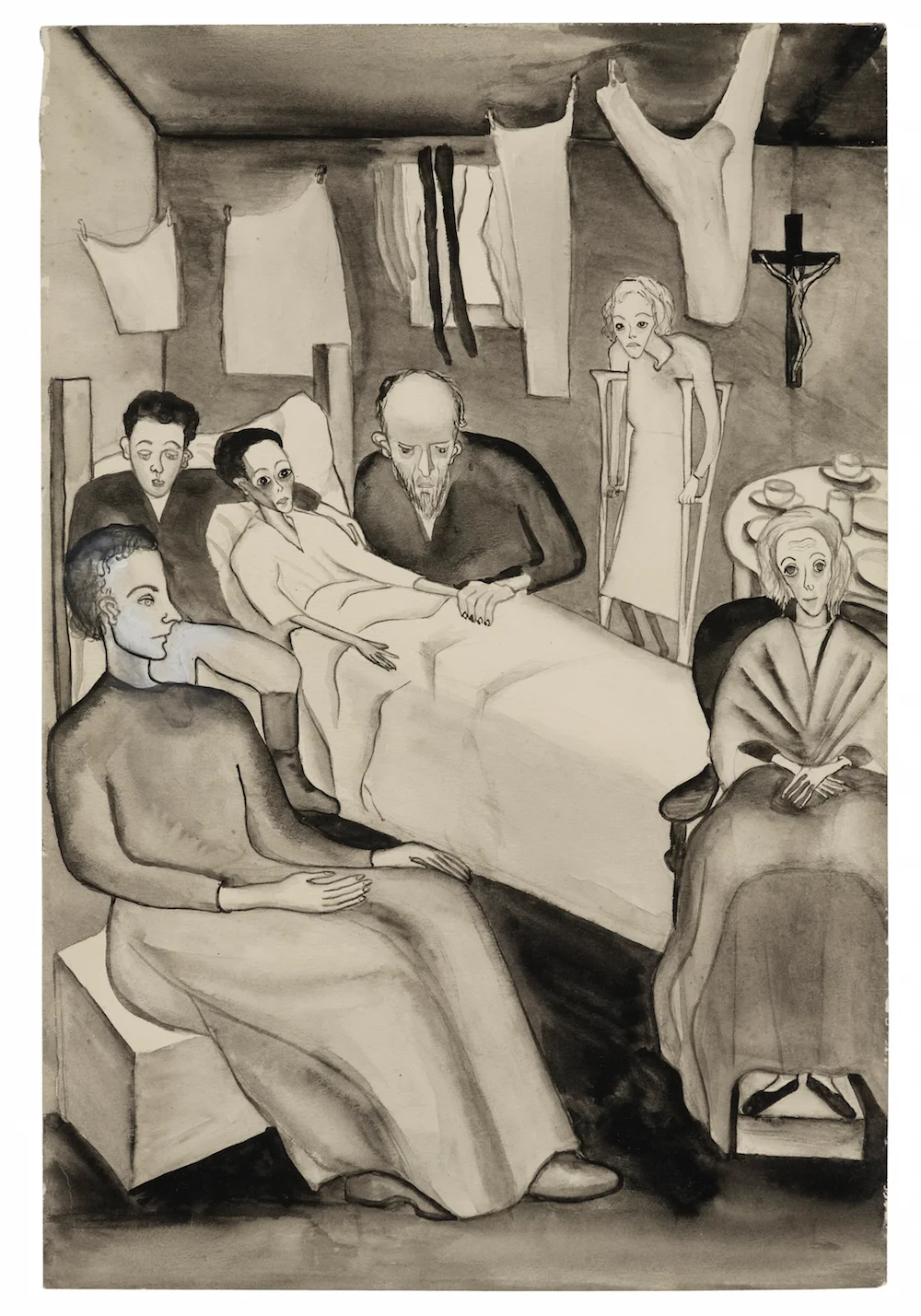 Ink and wash illustration in an expressionist manner: Ilyusha's deathbed — the boy fading under a crucifix, his father and mourners around. Depicts: Ilyusha Snegiryov, Captain Snegiryov.