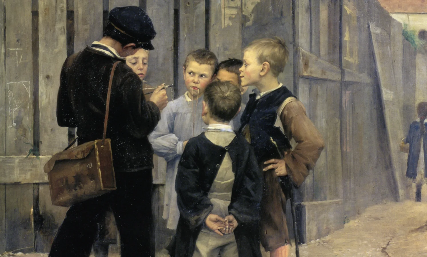 Russian genre painting: schoolboys at a wooden fence, one drinking from a cup while the others watch — Kolya, Ilyusha and the boys (full painting of the Oxford cover). Depicts: Kolya Krasotkin, Ilyusha Snegiryov.