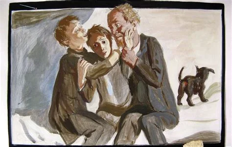 An expressionist painting depicting two younger men grabbing and pressing close to an older grey-haired man in a tense, emotional confrontation, with a black dog standing in the background.