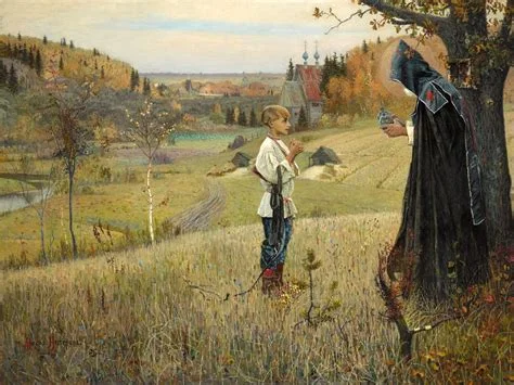 A Russian realist oil painting of a young boy in a white peasant shirt standing in an autumn meadow, facing a dark-robed Orthodox monk who extends his hand toward him, with a Russian village and onion-domed church visible in the misty background.