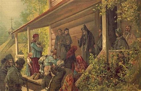 A 19th-century Russian painting depicting a crowd of peasants and townspeople gathered on the wooden porch of a log building bearing an Orthodox cross, with monks and clergy figures receiving them.