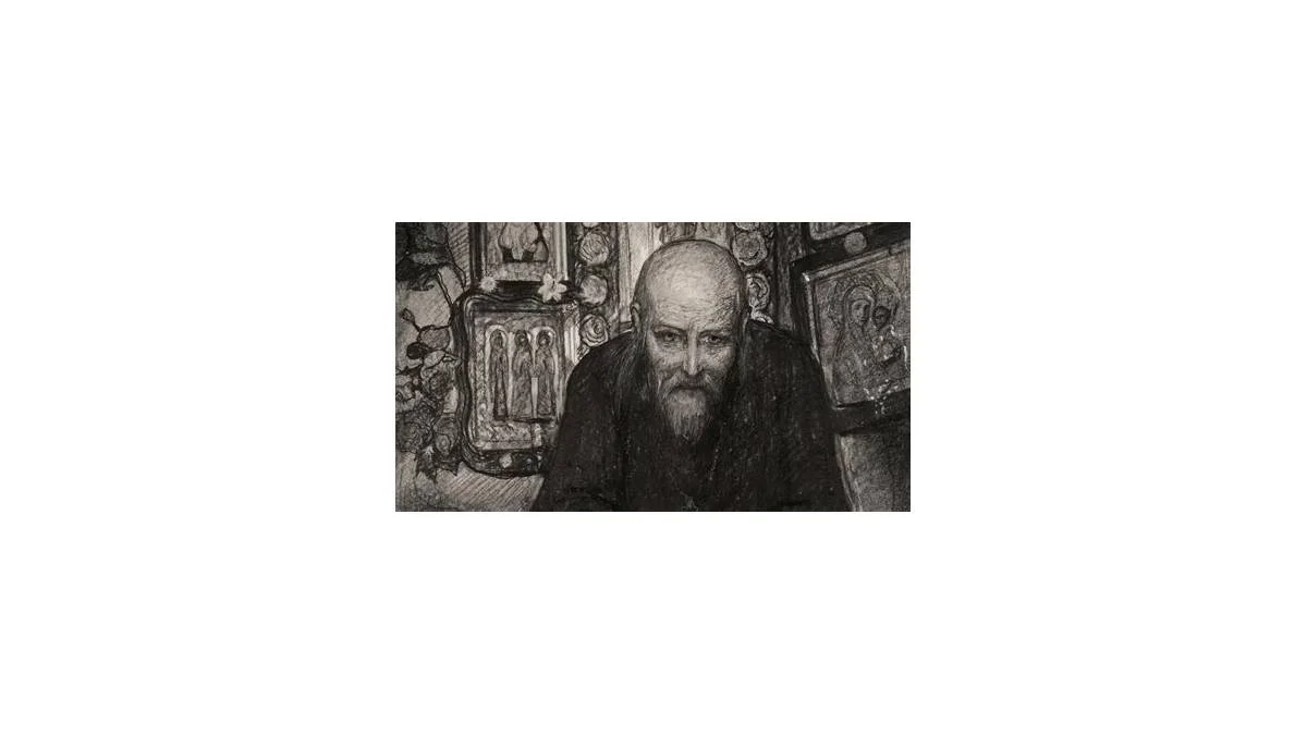 Dark-toned drawing of a bald, long-bearded monk seated before a wall of Orthodox icons. Depicts: Elder Zosima.
