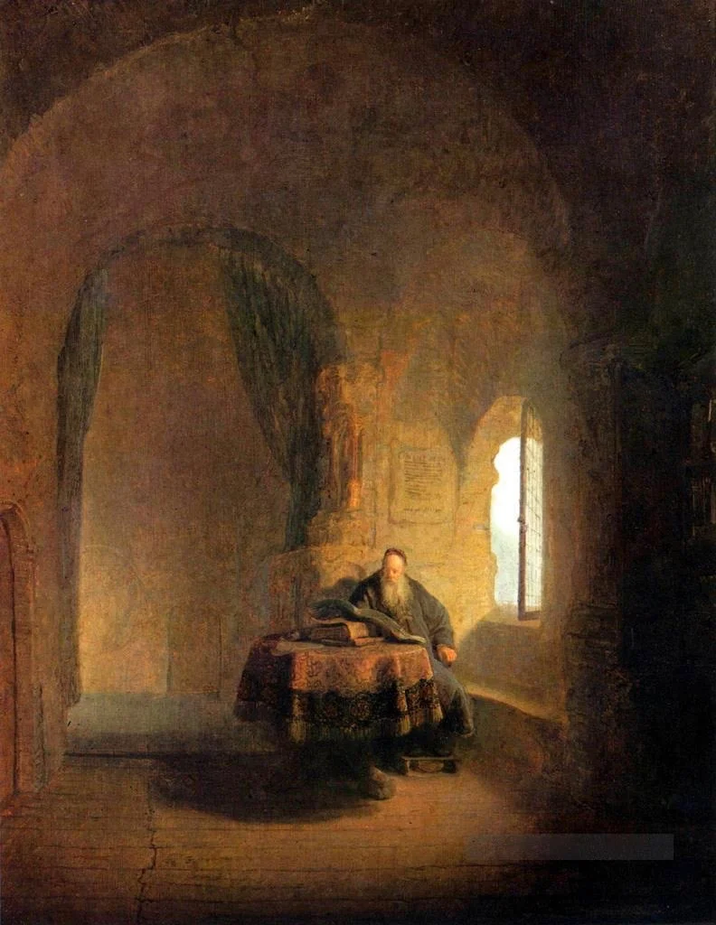 Rembrandt-school painting: a solitary hermit reading at a table in a bare vaulted cell, light from a small window. Depicts: Father Ferapont (as the archetypal solitary ascetic).