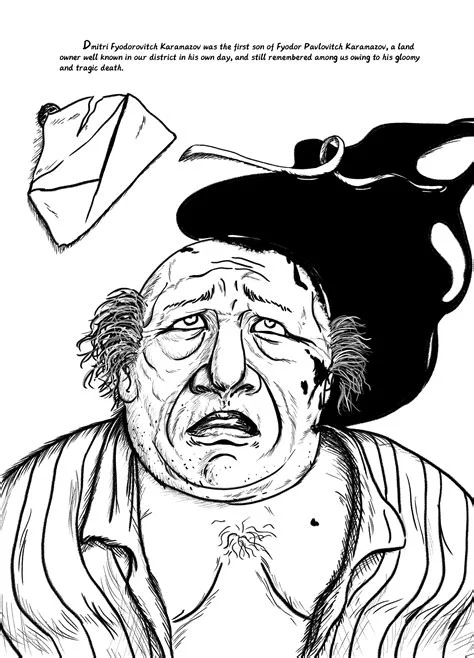 A black-and-white ink illustration of a heavyset, disheveled older man with a bruised face, wearing an open shirt, with two hats depicted above him and a caption identifying him as Dmitri Fyodorovitch Karamazov.