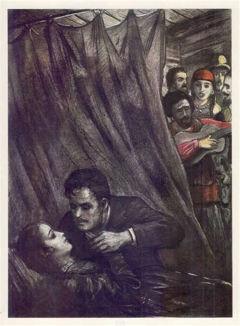 A dramatic illustration showing a dark-haired man leaning intently over a reclining woman, while a group of onlookers — including a woman in red and men in exotic dress — peer from behind heavy curtains in the background. Depicts: Dmitri Karamazov, Grushenka.
