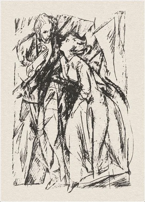A loose, expressive ink sketch depicting two figures in close proximity, rendered with gestural black strokes on a beige background.