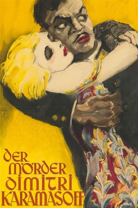 A vintage German expressionist film poster showing a dark, brooding man embracing a blonde woman against a vivid yellow background, with the title 'Der Mörder Dimitri Karamasoff' in ornate lettering at the bottom.