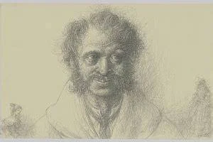 A pencil or charcoal sketch portrait of a bearded man with curly hair, rendered in loose expressive strokes on a pale background.