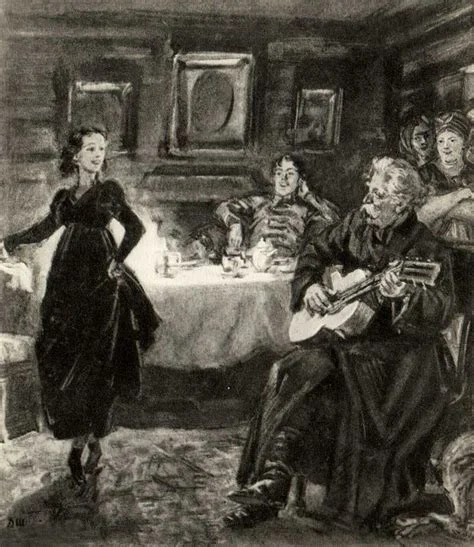 A black and white illustration of a 19th-century Russian interior scene in which a woman in a dark dress dances while an elderly man plays a stringed instrument and other figures watch from around a candlelit table.