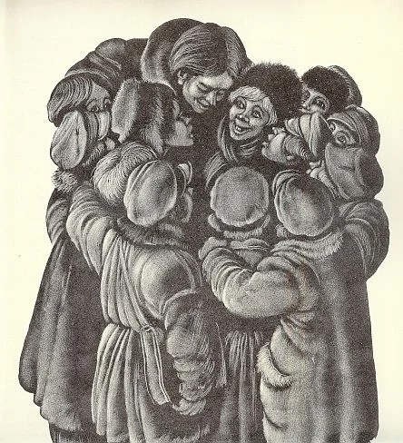 Charcoal illustration: the schoolboys huddle and embrace in winter coats around Ilyusha. Depicts: Ilyusha Snegiryov, Kolya Krasotkin.