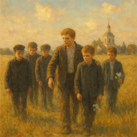 A classical oil painting depicting a tall young man surrounded by a group of younger boys in dark suits, standing in a sunlit golden field with a Russian Orthodox church visible in the background. Depicts: Alyosha Karamazov.