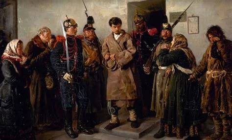 A 19th-century oil painting depicting the arrest of a young man in a brown coat with bound hands, surrounded by uniformed soldiers bearing rifles while grieving women look on in anguish. Depicts: Dmitri Karamazov.