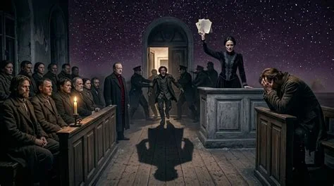 A dramatic courtroom scene set against a starry night sky, with a woman standing at a raised podium holding papers aloft, a running figure at center, rows of spectators with a candle, and a dejected man seated at right. Depicts: Dmitri Karamazov.