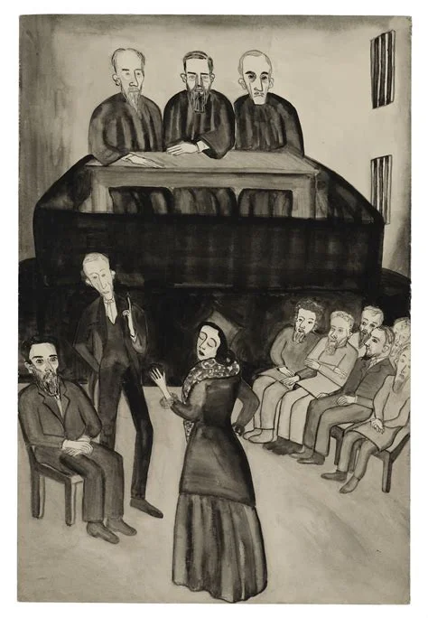 A monochromatic ink or watercolor illustration of a courtroom scene, showing three robed judges seated at an elevated bench, a woman in a dark dress and headscarf gesturing dramatically in the foreground, two seated men at lower left, and a row of jurors at right.