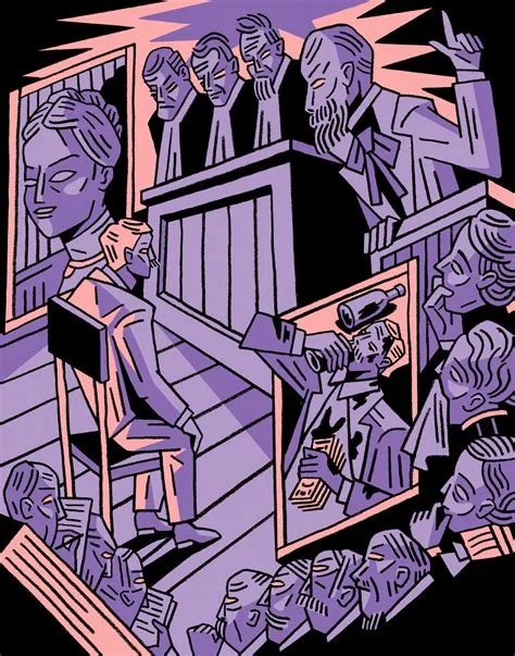 A stylized illustration in purple and pink tones depicting a crowded courtroom scene with a figure at a podium, a seated defendant, jurors in a gallery, and a press photographer.